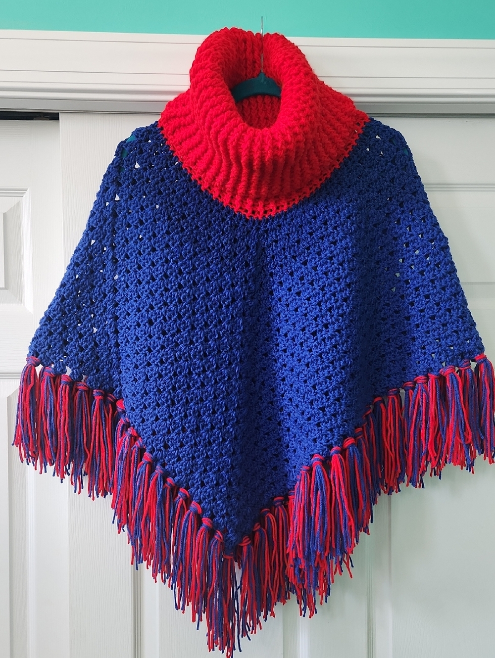 Handmade Blue Crochet Poncho with Red  Cowlneck Collar...